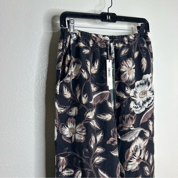 Unsubscribed 100% Silk Black Floral Pajama Set Cropped Top Wide Leg Pant