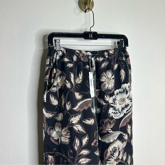Unsubscribed 100% Silk Black Floral Pajama Set Cropped Top Wide Leg Pant