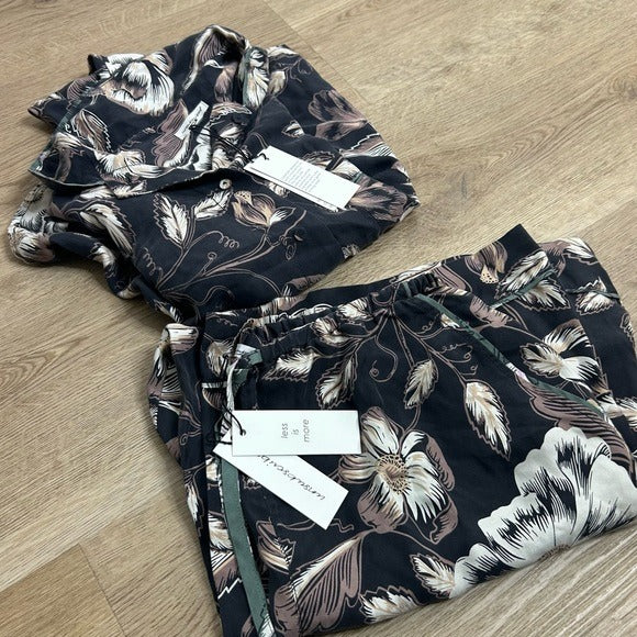 Unsubscribed 100% Silk Black Floral Pajama Set Cropped Top Wide Leg Pant