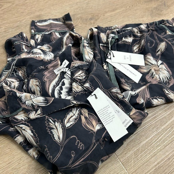 Unsubscribed 100% Silk Black Floral Pajama Set Cropped Top Wide Leg Pant