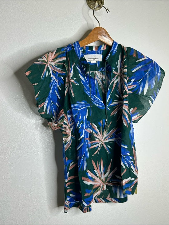 Trovata Trovata Birds of Paradis Cotton Ramie Short Sleeve Lightweight Blouse Top - Cotton, Rayon