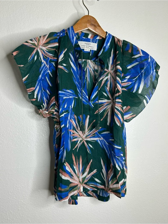 Trovata Trovata Birds of Paradis Cotton Ramie Short Sleeve Lightweight Blouse Top - Cotton, Rayon