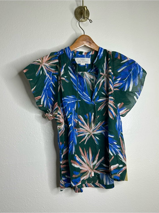 Trovata Trovata Birds of Paradis Cotton Ramie Short Sleeve Lightweight Blouse Top - Cotton, Rayon