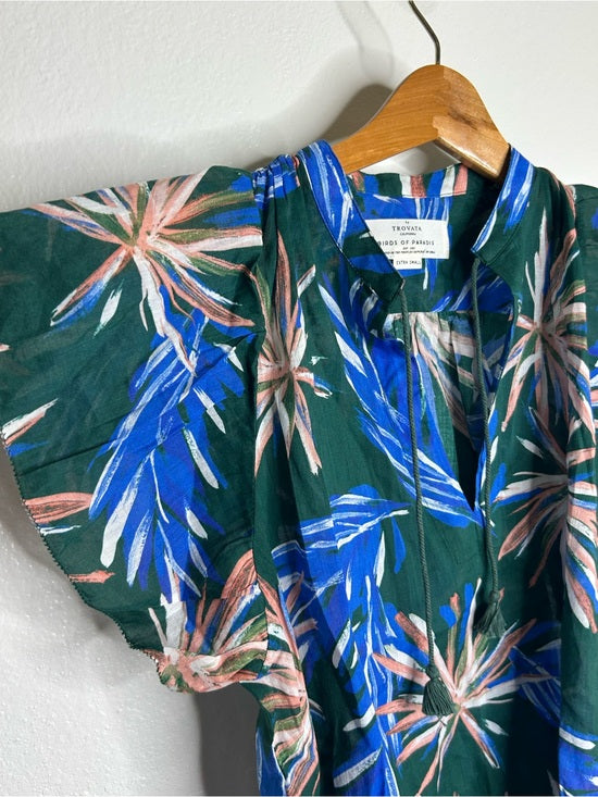 Trovata Trovata Birds of Paradis Cotton Ramie Short Sleeve Lightweight Blouse Top - Cotton, Rayon