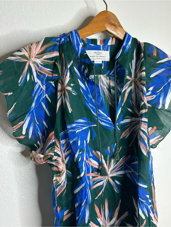 Trovata Birds of Paradis Cotton Ramie Short Sleeve Lightweight Blouse Top