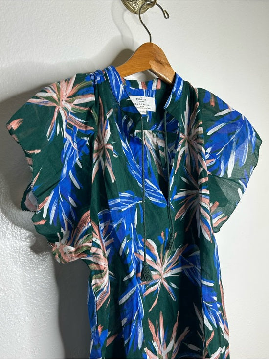 Trovata Birds of Paradis Cotton Ramie Short Sleeve Lightweight Blouse Top