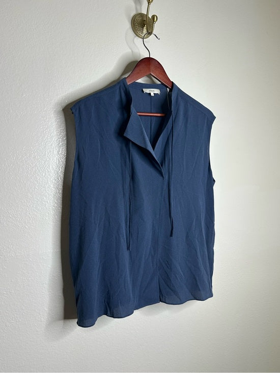 VINCE 100% Silk Peacock Blue Sleeveless Lightweight Tie Front Blouse