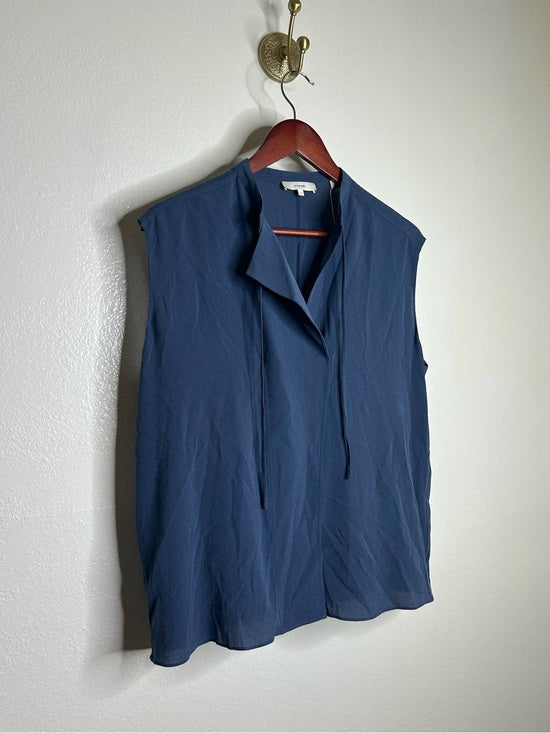 VINCE 100% Silk Peacock Blue Sleeveless Lightweight Tie Front Blouse