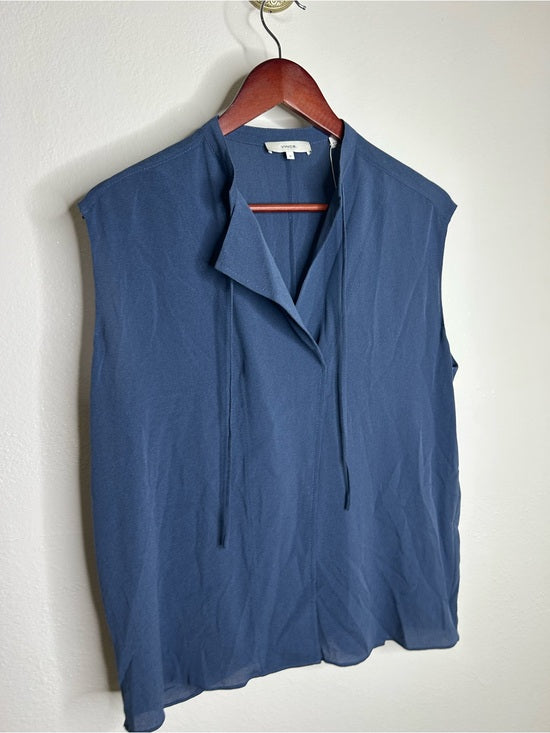VINCE 100% Silk Peacock Blue Sleeveless Lightweight Tie Front Blouse