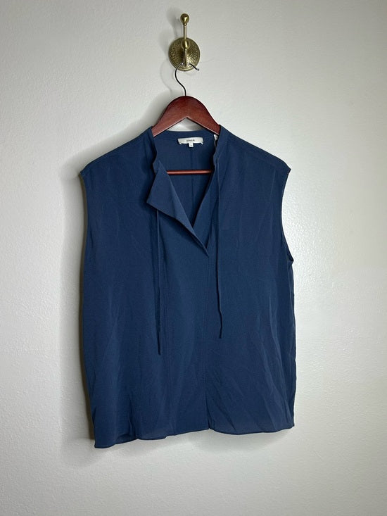 VINCE 100% Silk Peacock Blue Sleeveless Lightweight Tie Front Blouse