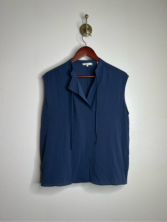 VINCE 100% Silk Peacock Blue Sleeveless Lightweight Tie Front Blouse