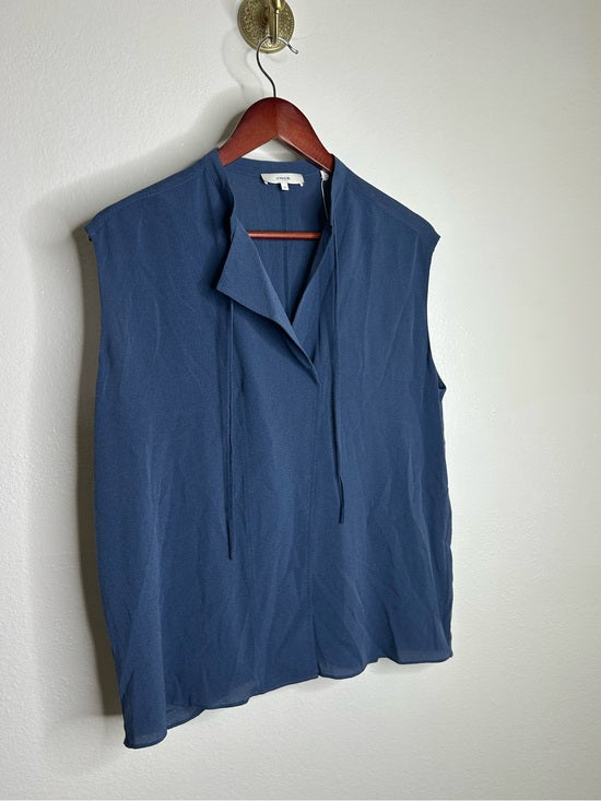 VINCE 100% Silk Peacock Blue Sleeveless Lightweight Tie Front Blouse
