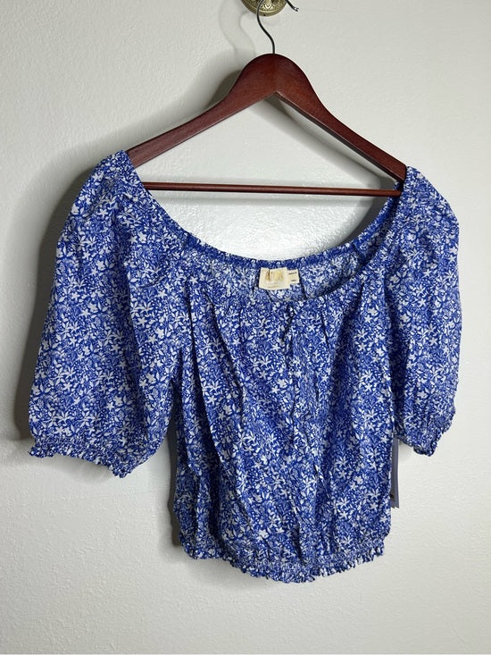Nation LTD Nation LA 100% Pima Cotton Blue Floral Puff Sleeve Tie Front Blouse Top - Cotton