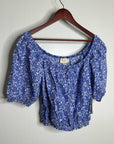Nation LA 100% Pima Cotton Blue Floral Puff Sleeve Tie Front Blouse Top