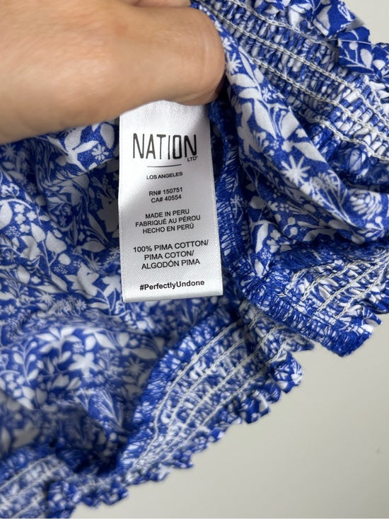 Nation LA 100% Pima Cotton Blue Floral Puff Sleeve Tie Front Blouse Top