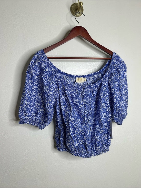 Nation LTD Nation LA 100% Pima Cotton Blue Floral Puff Sleeve Tie Front Blouse Top - Cotton