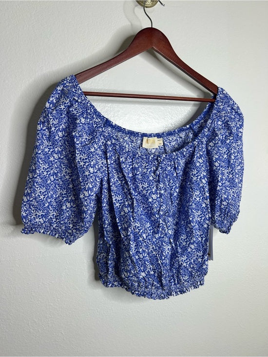 Nation LTD Nation LA 100% Pima Cotton Blue Floral Puff Sleeve Tie Front Blouse Top - Cotton
