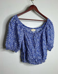 Nation LA 100% Pima Cotton Blue Floral Puff Sleeve Tie Front Blouse Top