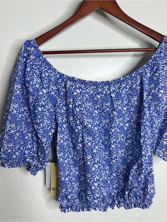 Nation LTD Nation LA 100% Pima Cotton Blue Floral Puff Sleeve Tie Front Blouse Top - Cotton