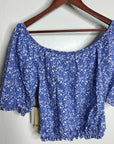 Nation LA 100% Pima Cotton Blue Floral Puff Sleeve Tie Front Blouse Top