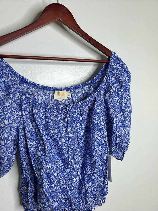 Nation LA 100% Pima Cotton Blue Floral Puff Sleeve Tie Front Blouse Top