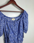 Nation LA 100% Pima Cotton Blue Floral Puff Sleeve Tie Front Blouse Top