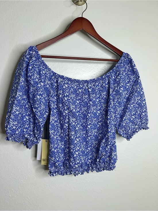 Nation LA 100% Pima Cotton Blue Floral Puff Sleeve Tie Front Blouse Top
