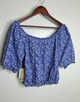 Nation LA 100% Pima Cotton Blue Floral Puff Sleeve Tie Front Blouse Top