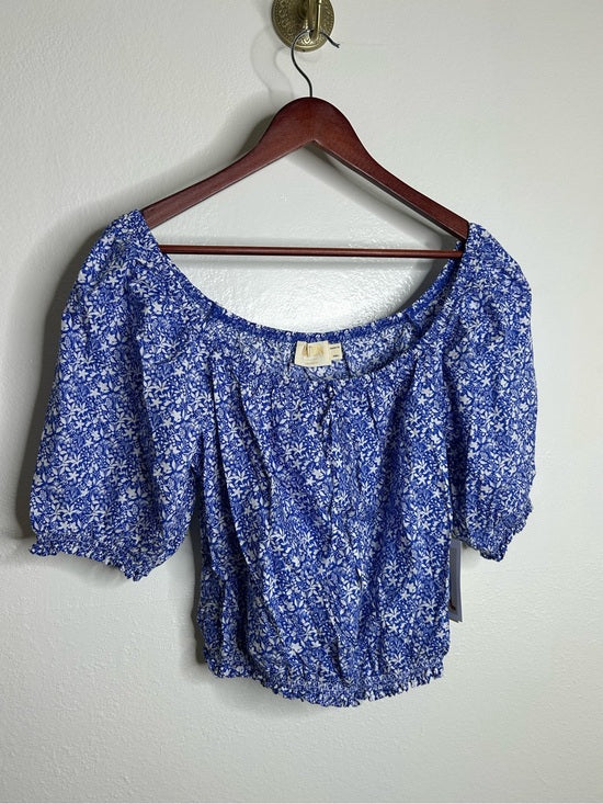 Nation LA 100% Pima Cotton Blue Floral Puff Sleeve Tie Front Blouse Top
