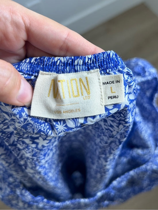 Nation LA 100% Pima Cotton Blue Floral Puff Sleeve Tie Front Blouse Top