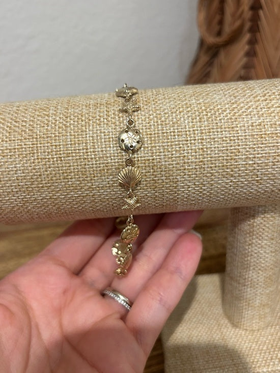 925 Sterling Silver Gold Plated Ocean Shell Sanddollar Starfish Novelty Bracelet