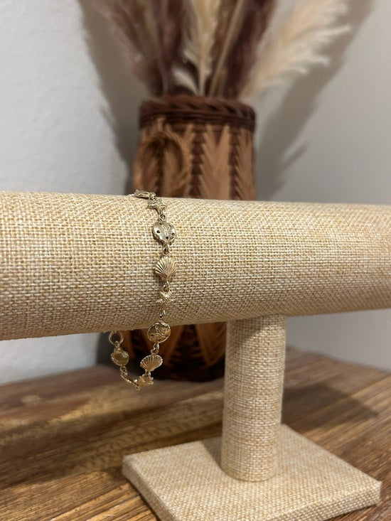925 Sterling Silver Gold Plated Ocean Shell Sanddollar Starfish Novelty Bracelet
