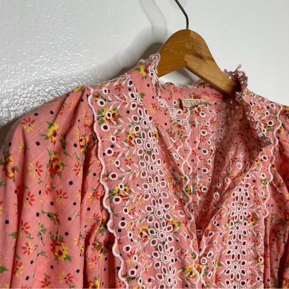 by Timo ByTimo 100% Cotton Pink Ruffle Floral Cottagecore Maxi Dress Long Sleeve - Cotton