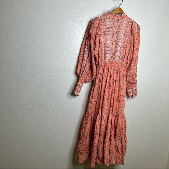 by Timo ByTimo 100% Cotton Pink Ruffle Floral Cottagecore Maxi Dress Long Sleeve - Cotton
