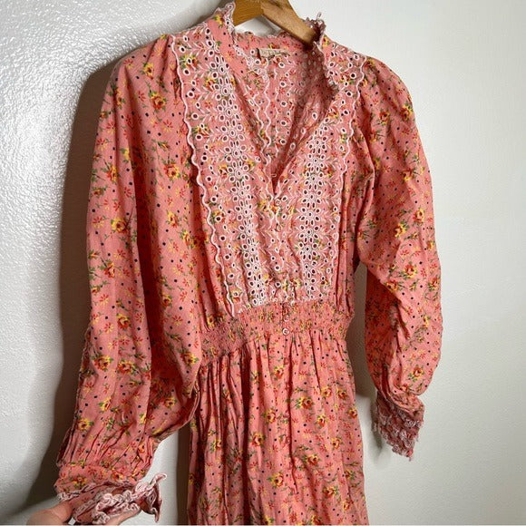 by Timo ByTimo 100% Cotton Pink Ruffle Floral Cottagecore Maxi Dress Long Sleeve - Cotton