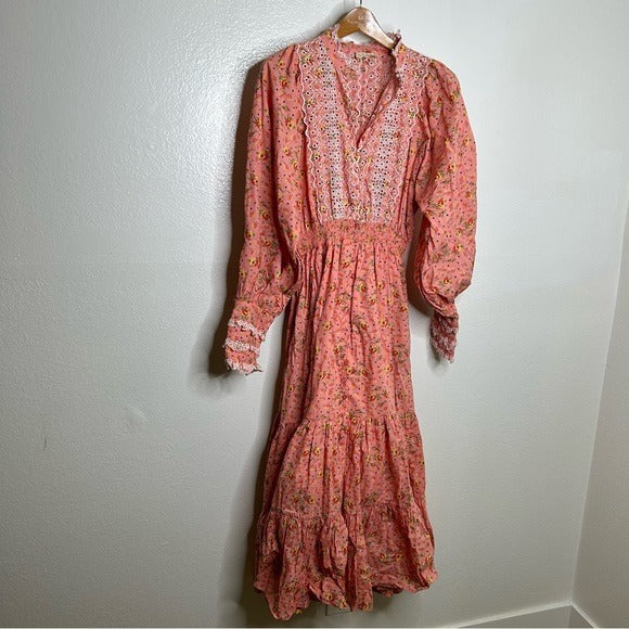 by Timo ByTimo 100% Cotton Pink Ruffle Floral Cottagecore Maxi Dress Long Sleeve - Cotton