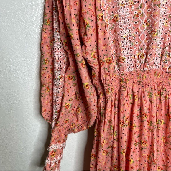 by Timo ByTimo 100% Cotton Pink Ruffle Floral Cottagecore Maxi Dress Long Sleeve - Cotton