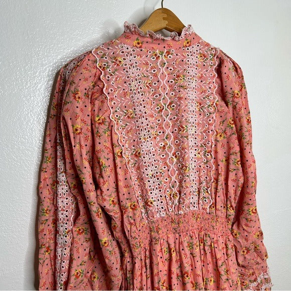 by Timo ByTimo 100% Cotton Pink Ruffle Floral Cottagecore Maxi Dress Long Sleeve - Cotton