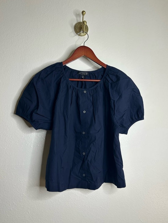 J. Crew J. Crew 100% Cotton Navy Blue Scoop Neck Short Sleeve Button Down Blouse - Cotton