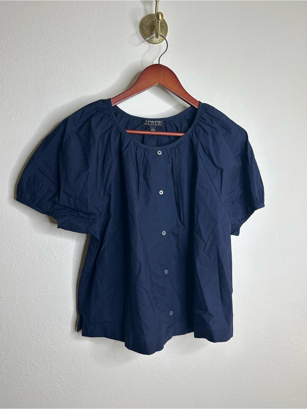 J. Crew J. Crew 100% Cotton Navy Blue Scoop Neck Short Sleeve Button Down Blouse - Cotton