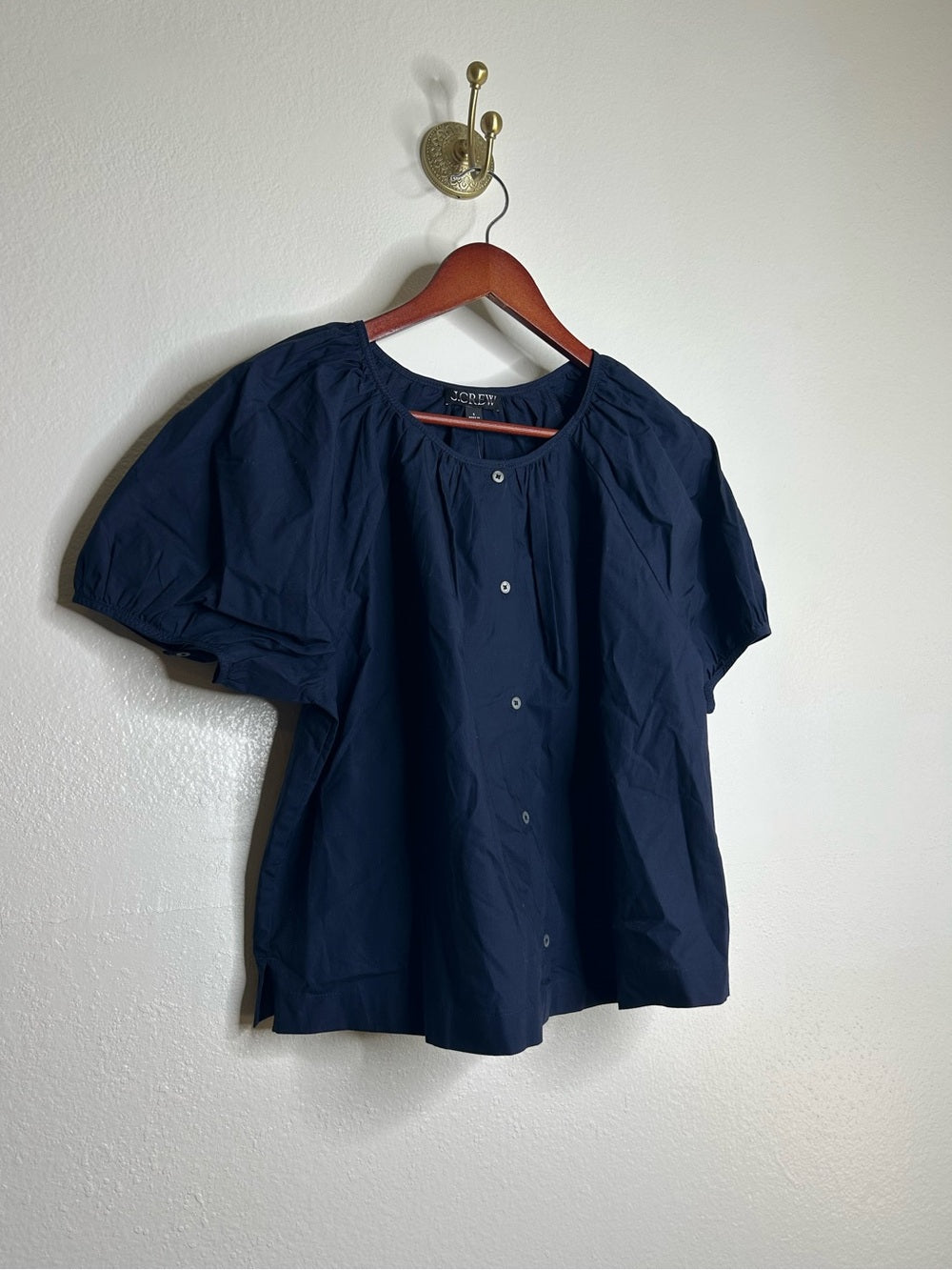 J. Crew J. Crew 100% Cotton Navy Blue Scoop Neck Short Sleeve Button Down Blouse - Cotton