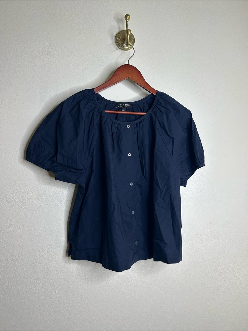 J. Crew J. Crew 100% Cotton Navy Blue Scoop Neck Short Sleeve Button Down Blouse - Cotton