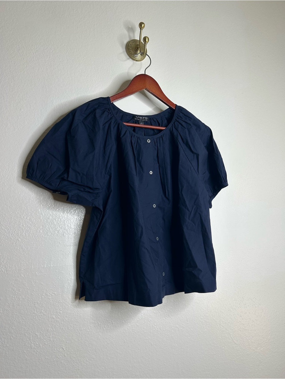 J. Crew J. Crew 100% Cotton Navy Blue Scoop Neck Short Sleeve Button Down Blouse - Cotton