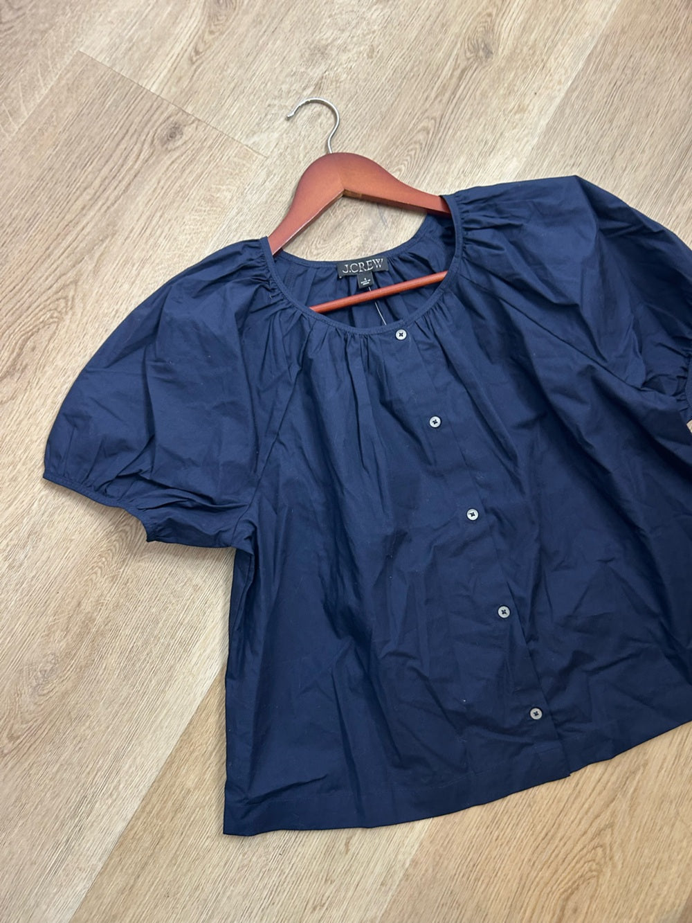 J. Crew J. Crew 100% Cotton Navy Blue Scoop Neck Short Sleeve Button Down Blouse - Cotton