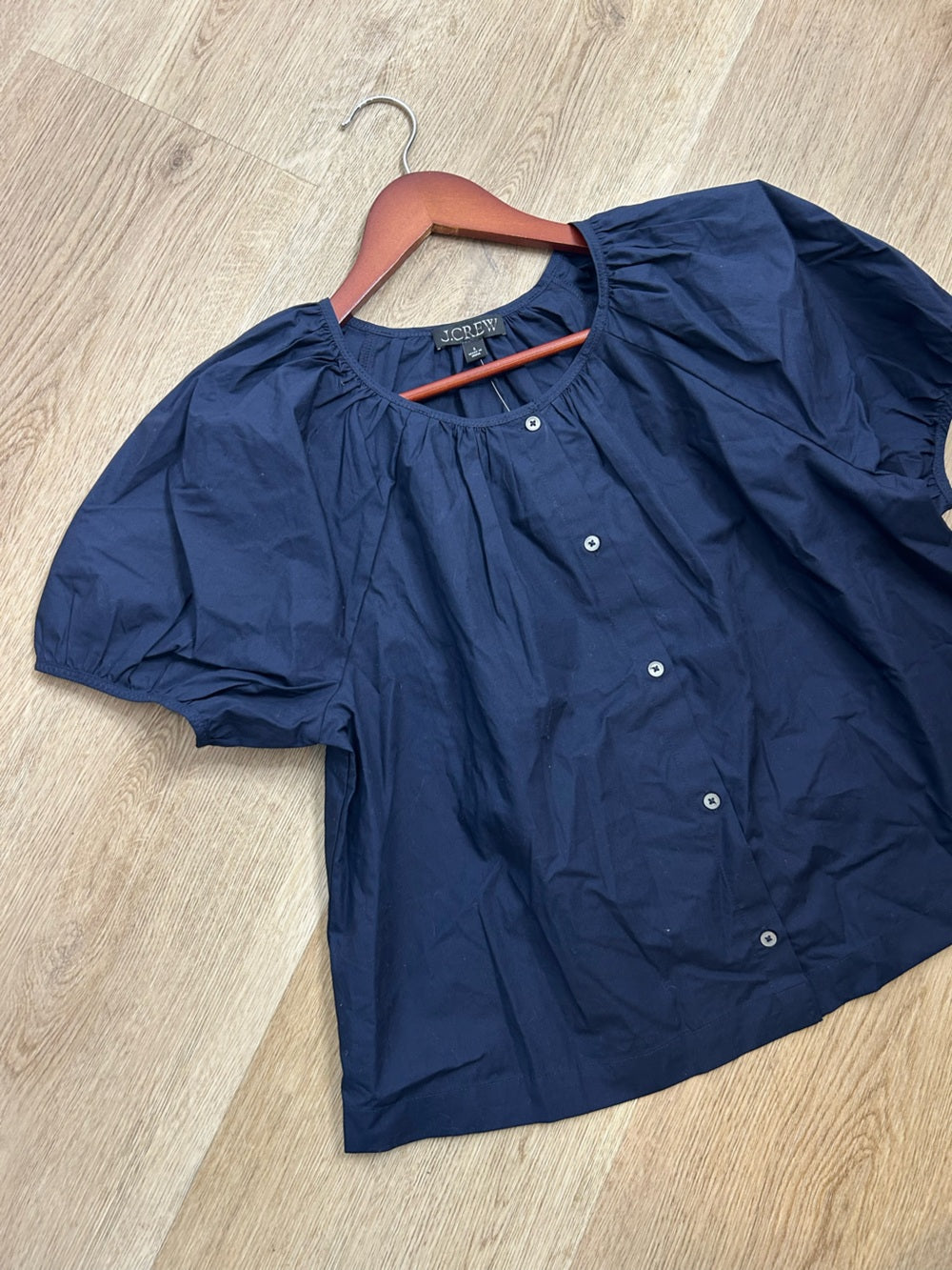 J. Crew 100% Cotton Navy Blue Scoop Neck Short Sleeve Button Down Blouse
