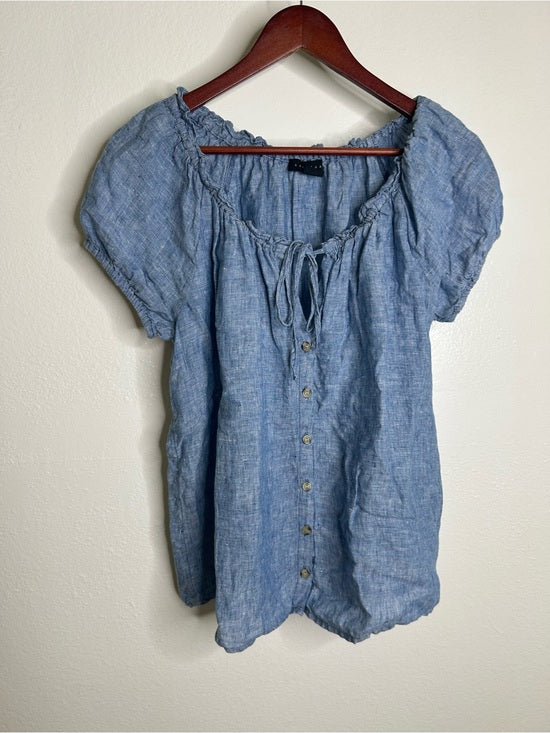 Sanctuary 100% Linen Blue Scoop Neck Babydoll Style Button Down Blouse