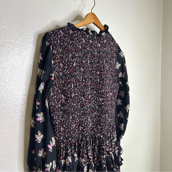 Rebecca Taylor 100% Silk Floral Smocked Long Sleeve Dress
