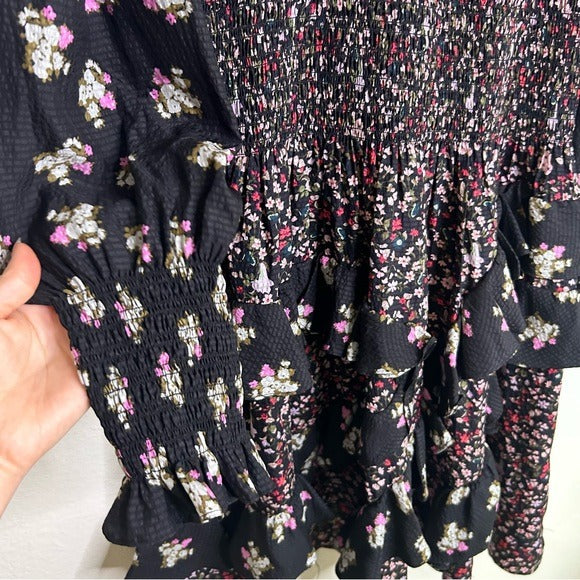 Rebecca Taylor 100% Silk Floral Smocked Long Sleeve Dress