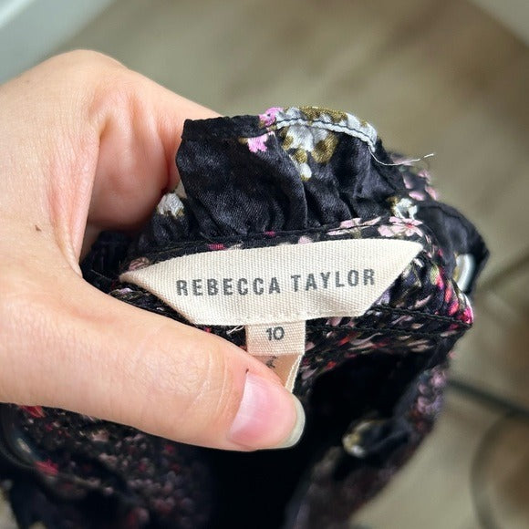 Rebecca Taylor 100% Silk Floral Smocked Long Sleeve Dress