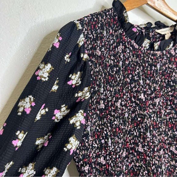 Rebecca Taylor 100% Silk Floral Smocked Long Sleeve Dress